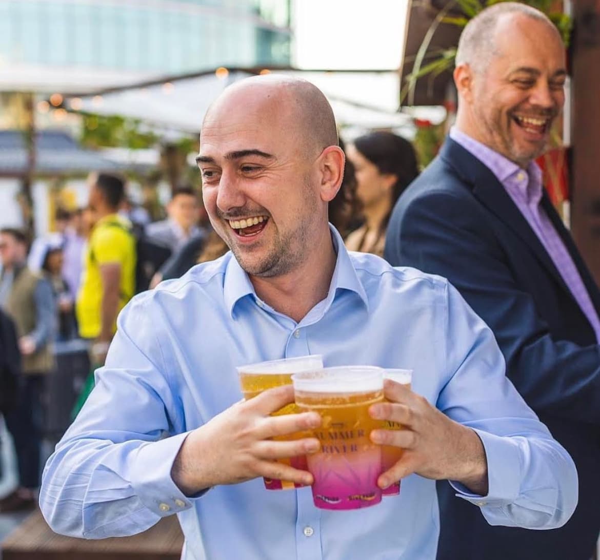 Close up of a custom branded festival cup with vibrant printing