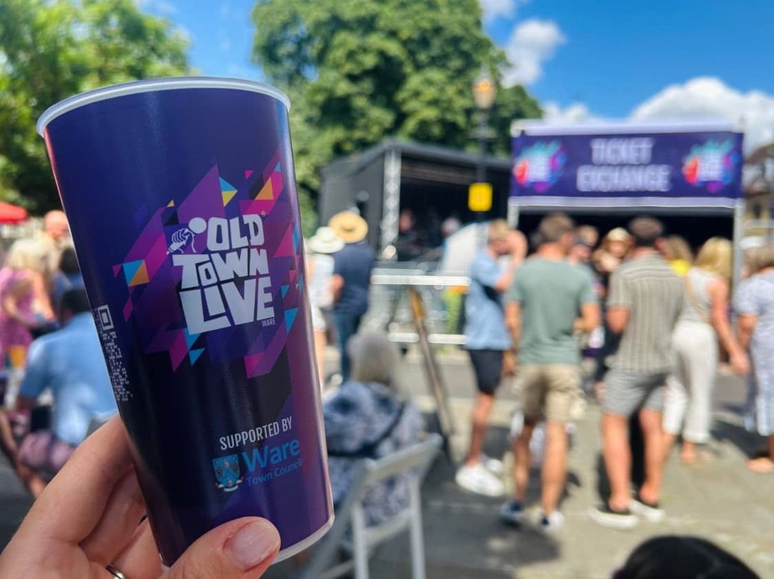 Close up of UKCA marking on a reusable pint cup manufactured by Tees Valley Plastics