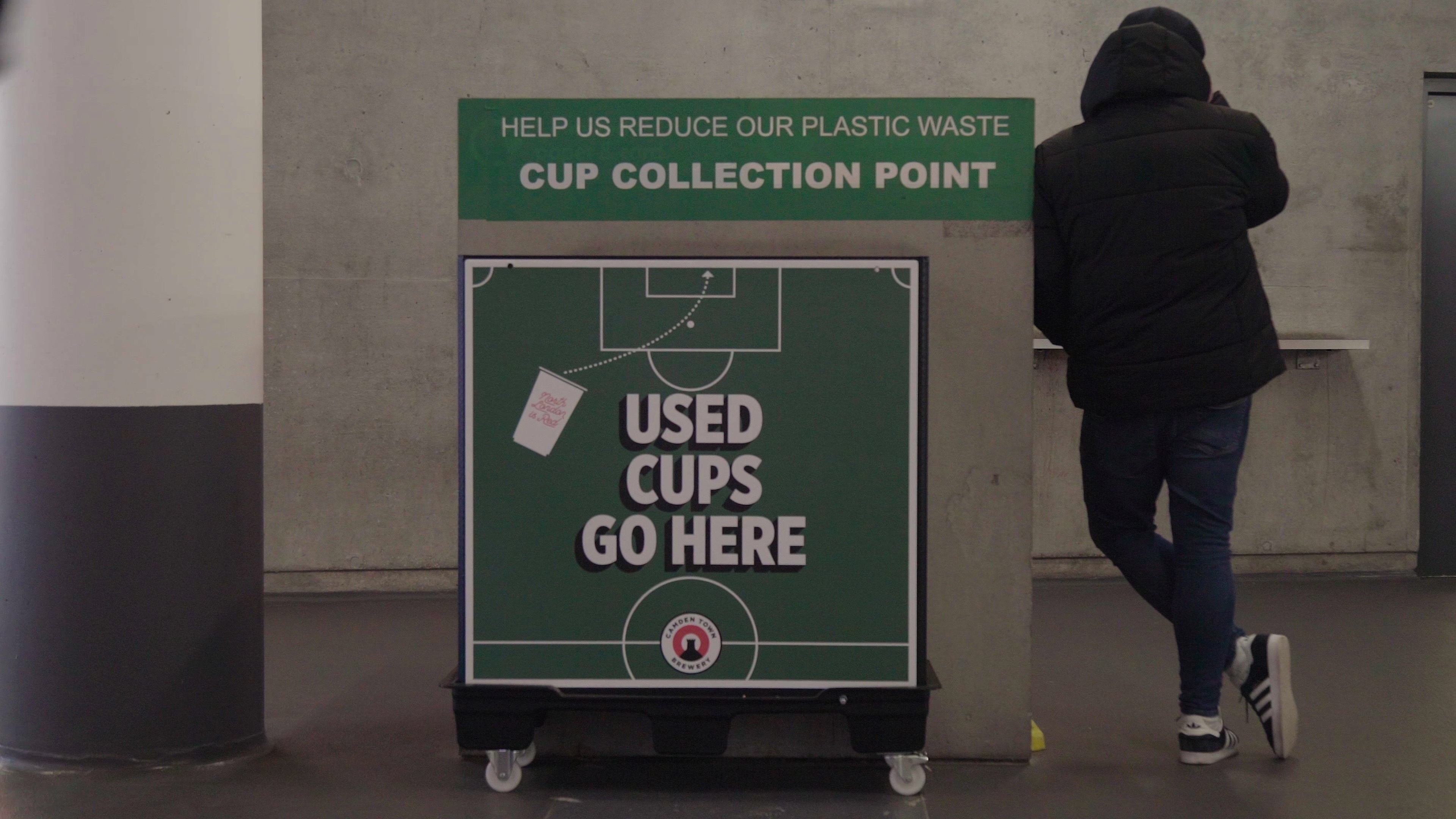 A branded reusable cup collection point at a UK stadium event