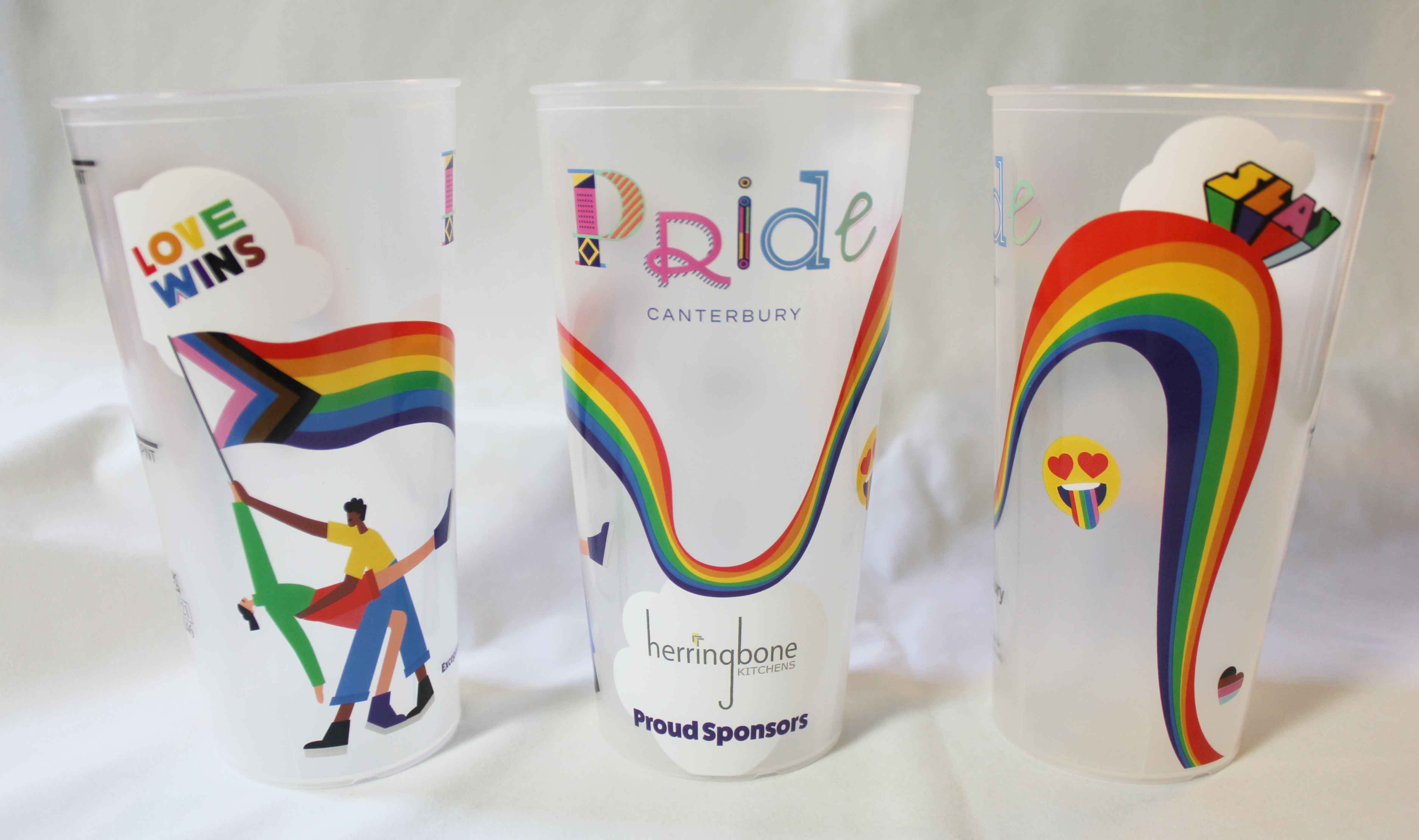 Full-colour printed reusable cups with celebratory event designs